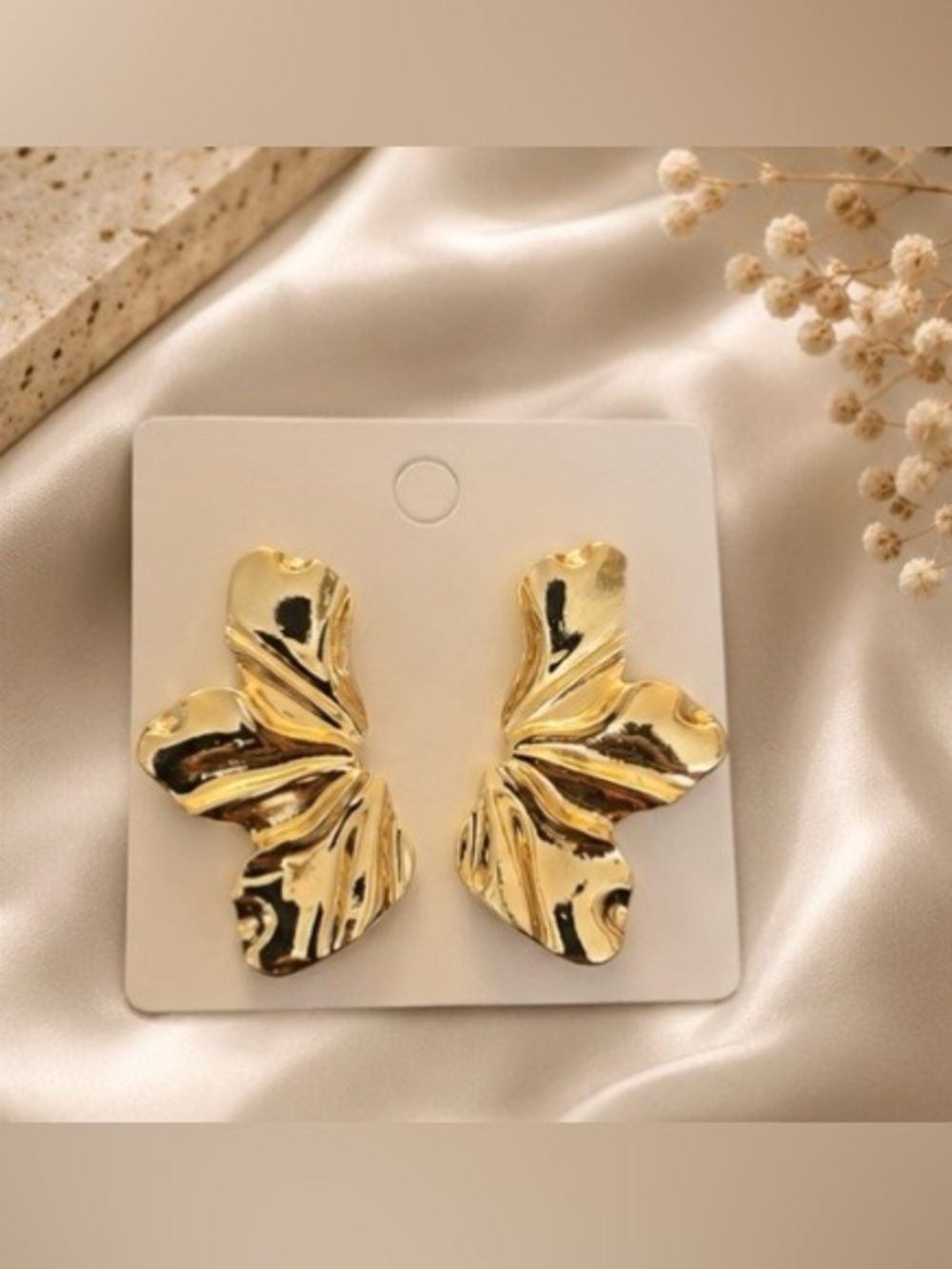 Gold Sculptural Floral Clip-On Earrings FASH SHIPPING!